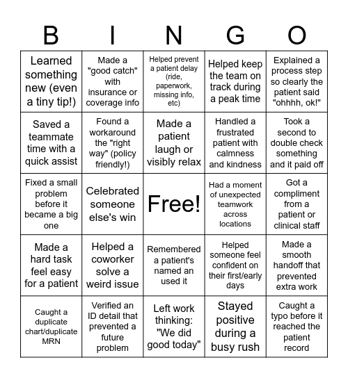 Patient Access Bingo Card