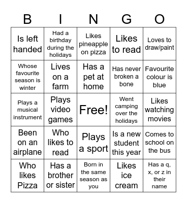 Find a Friend Bingo Card