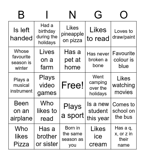 Find a Friend Bingo Card
