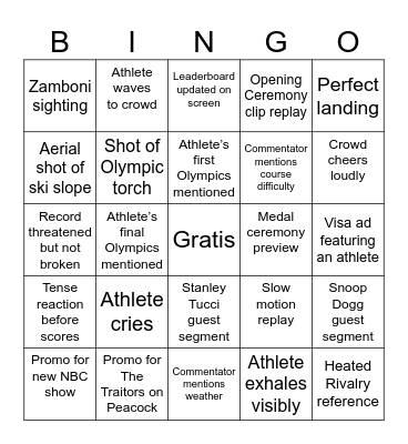 2026 Winter Olympics Bingo Card