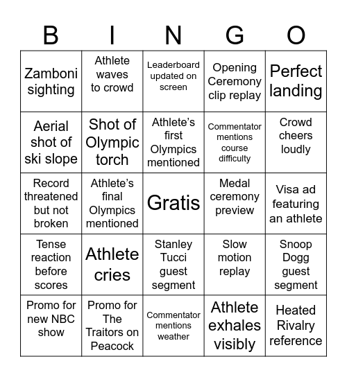 2026 Winter Olympics Bingo Card