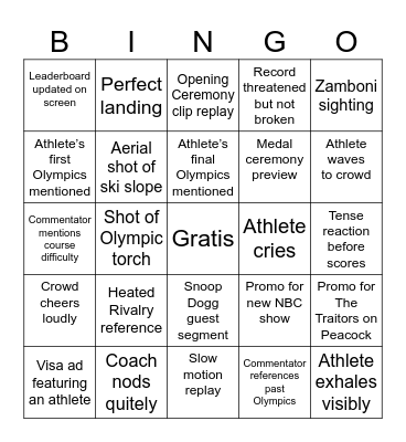 2026 Winter Olympics Bingo Card