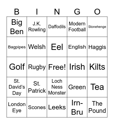 United Kingdom and Ireland Bingo Card