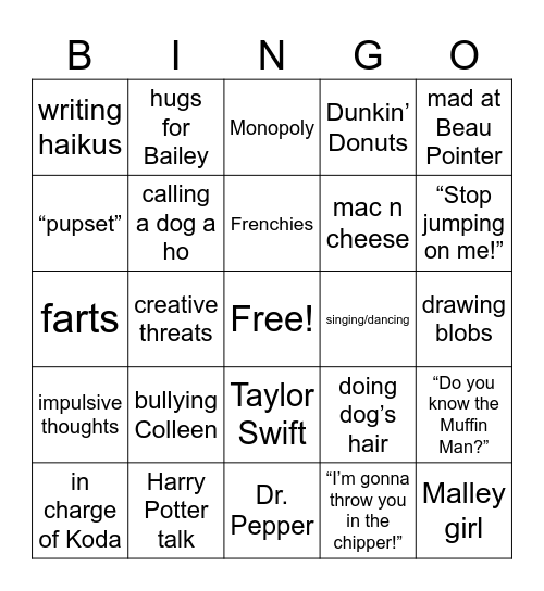 Miss Amanda Bingo Card