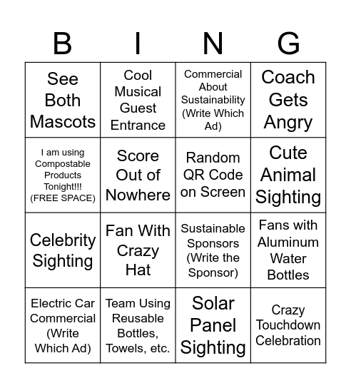 Ecovillage Superbowl Bingo Card