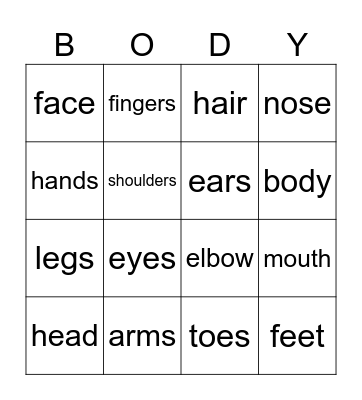 Parts of the body Bingo Card