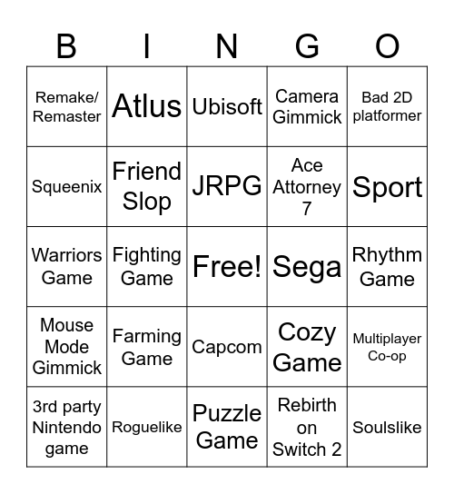 Nintendo Direct 2025 Bingo Card