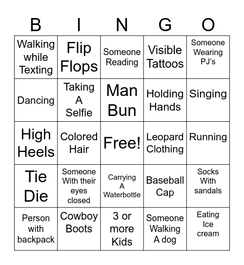 People Watching Bingo Card