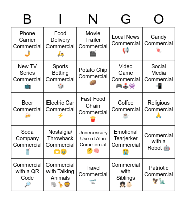 2026 Superbowl Commercial Bingo Alt Bingo Card