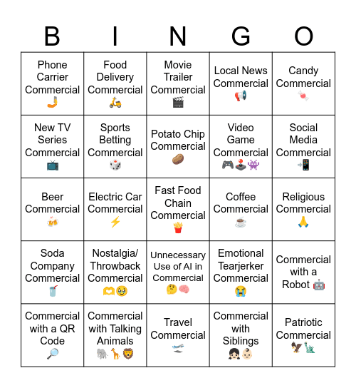 2026 Superbowl Commercial Bingo Alt Bingo Card