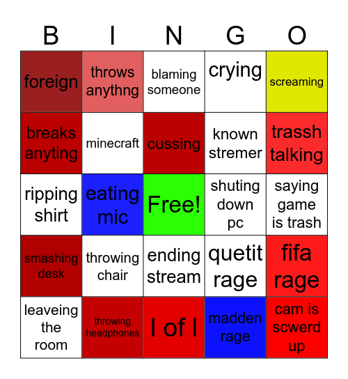 gamer rage red=checked out and blue=idk yellow is when i forget Bingo Card