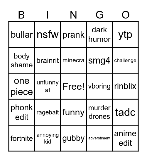 yt short bingo Card
