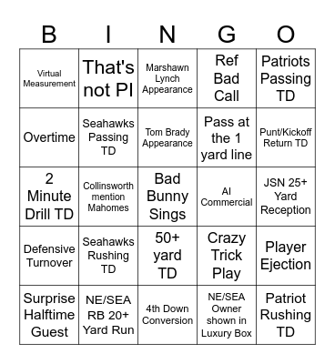Superbowl Bingo Card