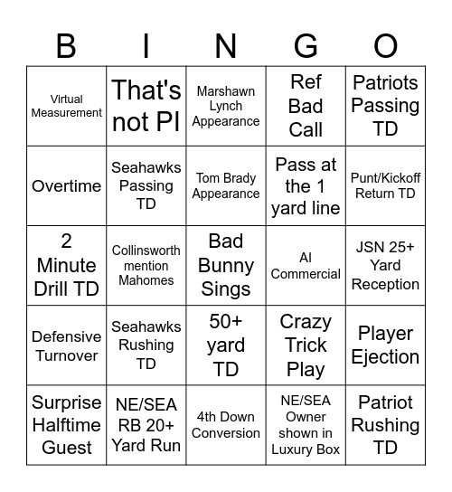 Superbowl Bingo Card