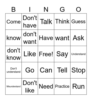 Action Words Bingo Card