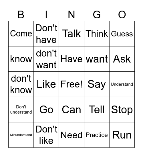 Action Words Bingo Card
