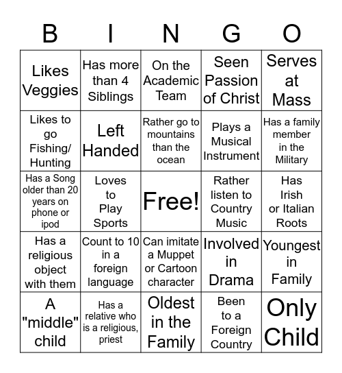 Find Me Bingo Card