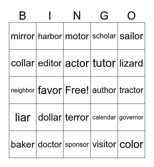 Lesson #111, -ar and -or Bingo Card