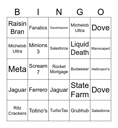2026 Super Bowl Commercials (After kickoff only) Bingo Card