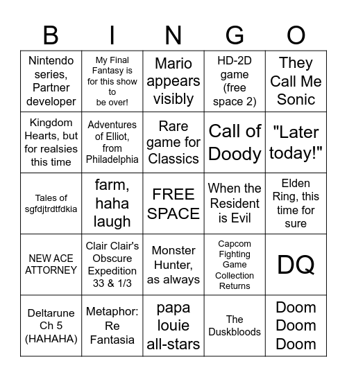 Nintendo Direct Partner Showcase Bingo Card
