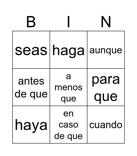 Usos del subjuntivo con cláusulas adverbiales Bingo Card