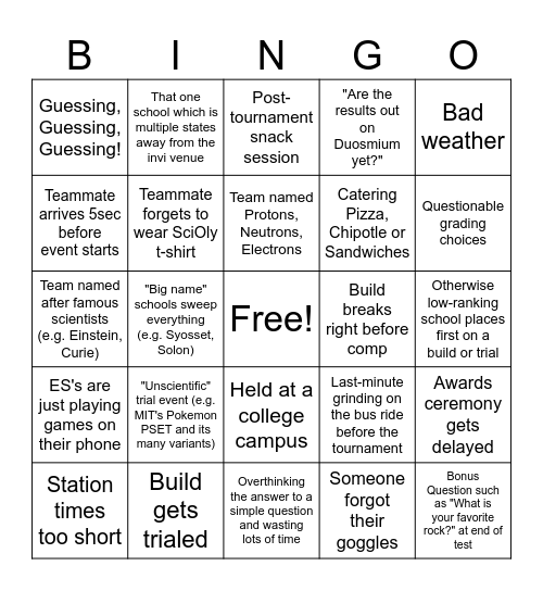 SciOly Invitational Bingo Card