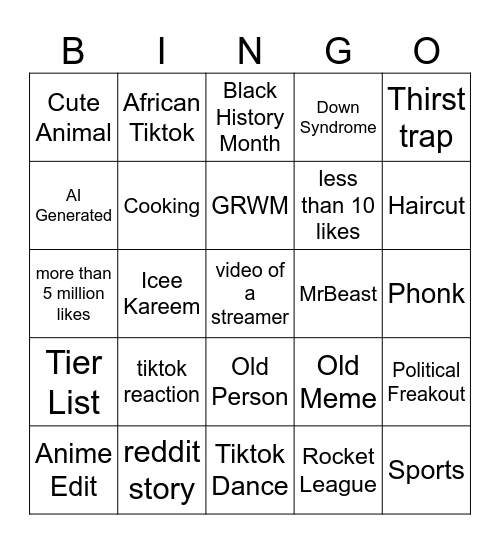 TIKTOK BINGO Card