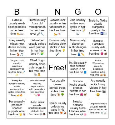 B10 L12 Judy Hopps usually practices magic tricks in her free time 🐰🎩 Bingo Card