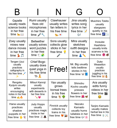 B10 L12 Judy Hopps usually practices magic tricks in her free time 🐰🎩 Bingo Card