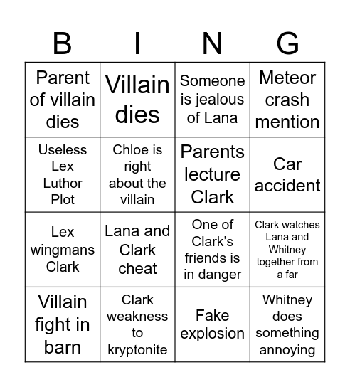 Smallville Bingo Card