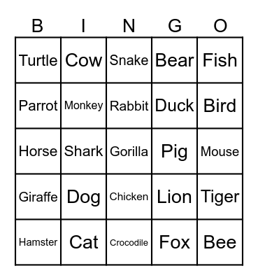 Animals Bingo Card