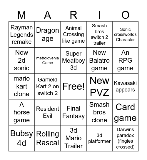 Nintendo partner 5/2/26 Bingo Card