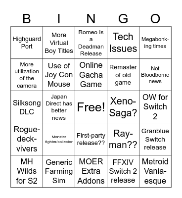 Nintendo Direct FEB 2026 Bingo Card