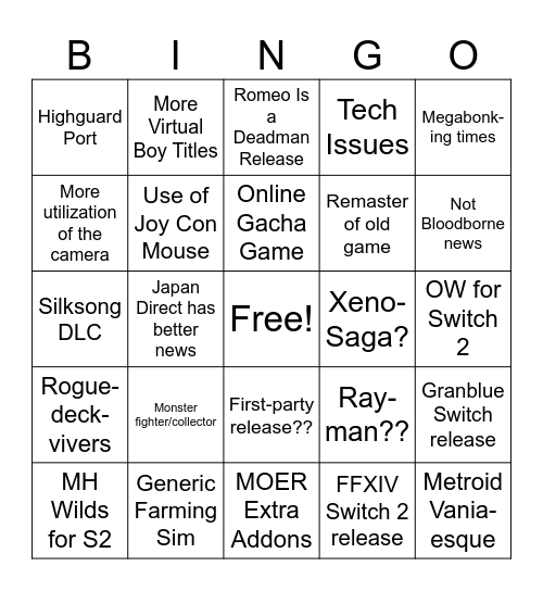 Nintendo Direct FEB 2026 Bingo Card
