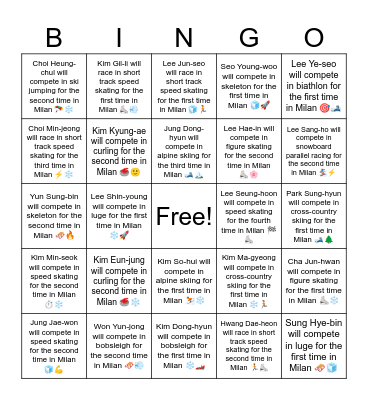 2026 Winter Olympics Korean Athletes Bingo Card