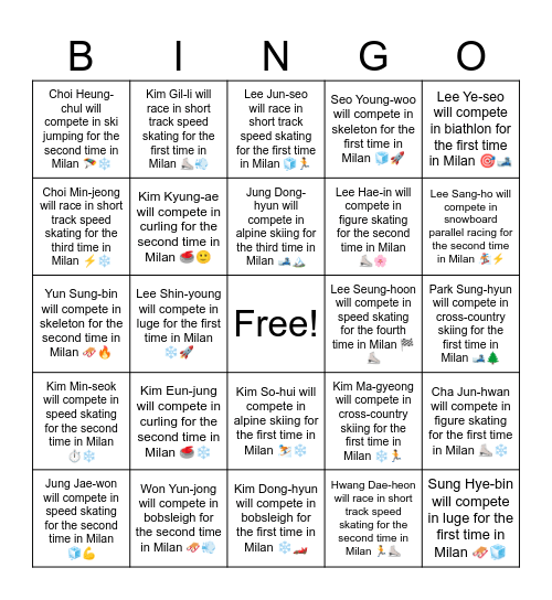 2026 Winter Olympics Korean Athletes Bingo Card