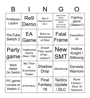Nintendo Partner Direct 2026 Bingo Card