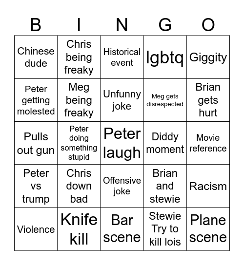 Family guy bingo Card