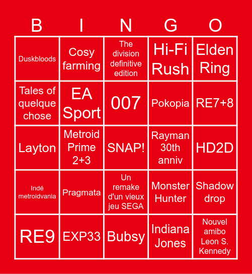 NINTENDO DIRECT Bingo Card