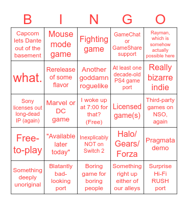 Nintendo Direct: Partner Showcase 2/5/2026 Bingo Card