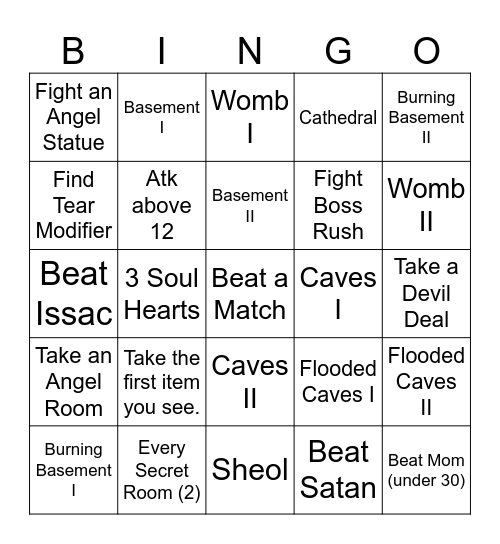 The Binding of Issac Bingo Card