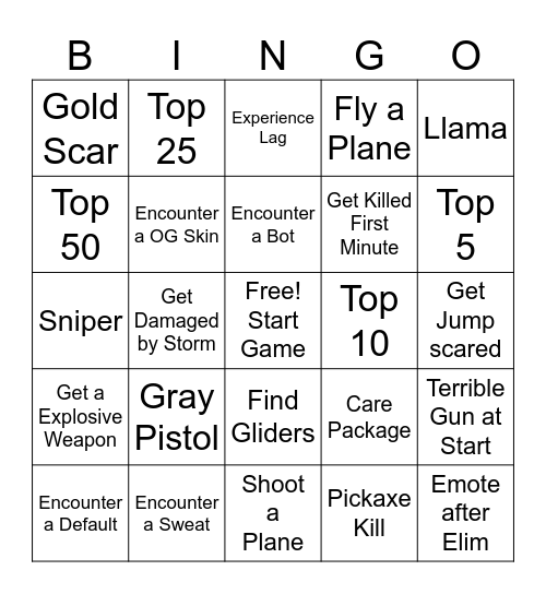 Fortnite OG Bingo Card
