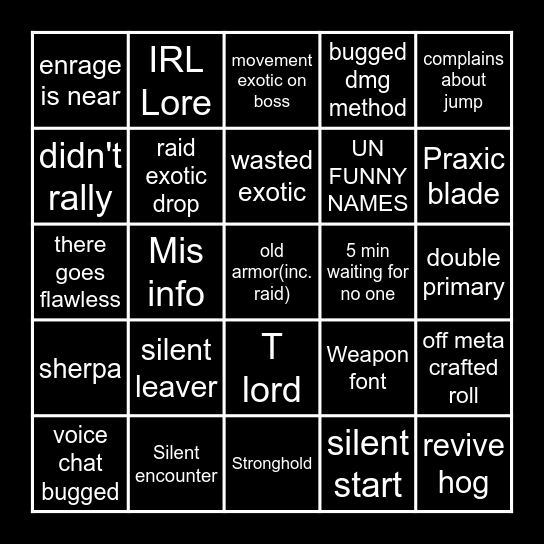 destiny lfg Bingo Card