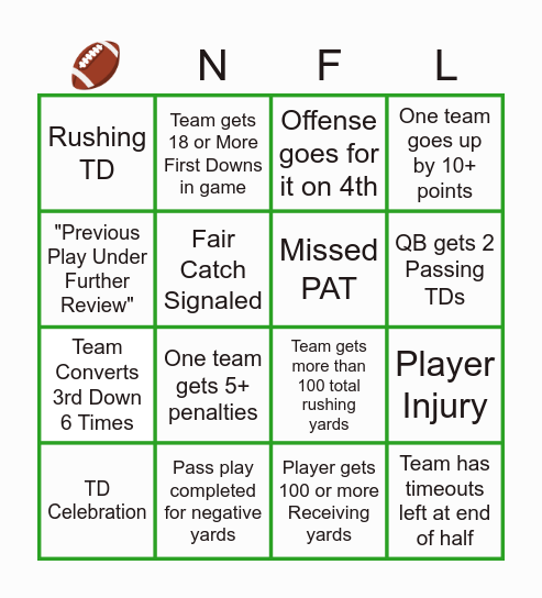 NFL Bingo Card