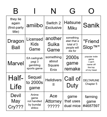 Nintendo Direct Partner Showcase Feb 2026 Bingo Card