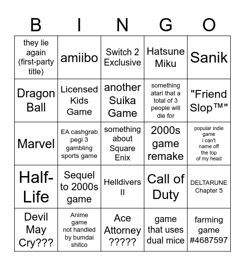 Nintendo Direct Partner Showcase Feb 2026 Bingo Card