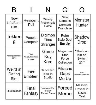 Nintendo Partner Showcase Bingo Card