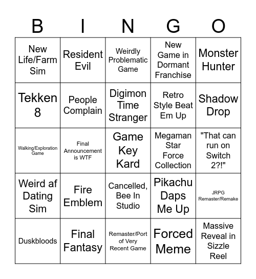 Nintendo Partner Showcase Bingo Card