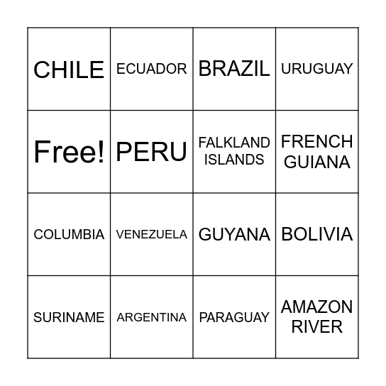 SOUTH AMERICA BINGO Card