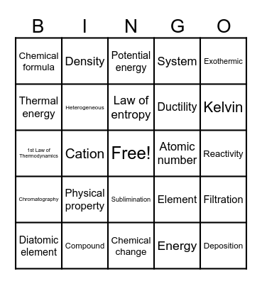 Chemistry Bingo/ Matter Bingo Card